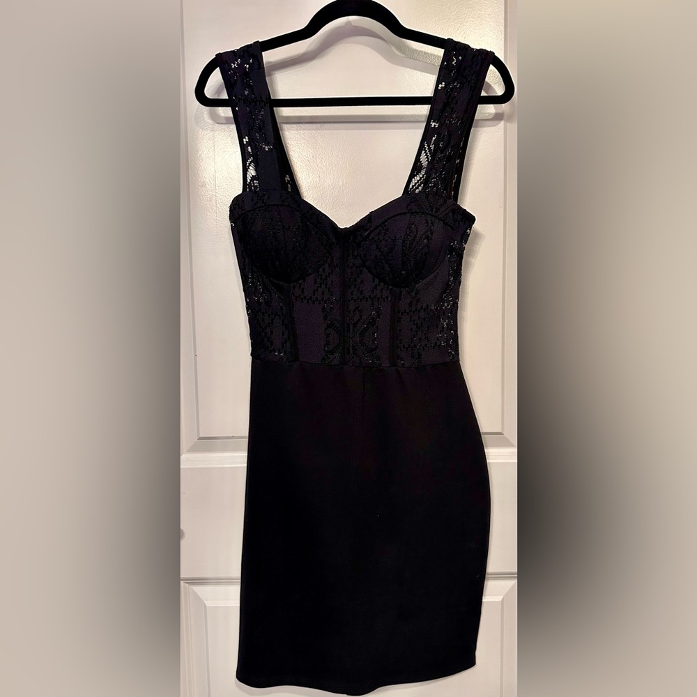 JUSTFAB BLACK LACE BUSTIER BODYCON DRESS
